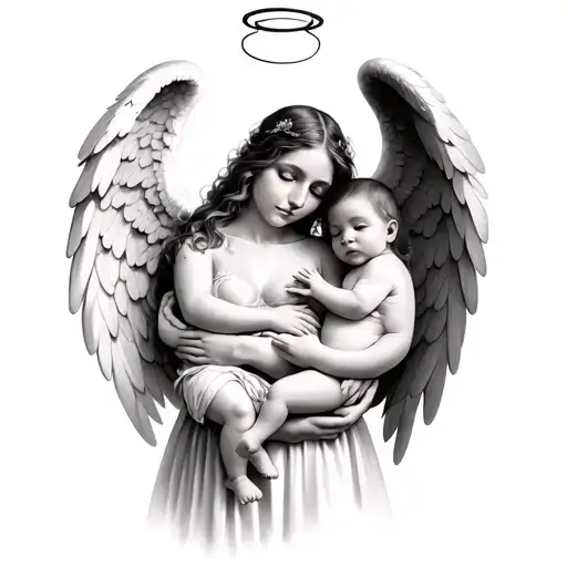 woman holding two babies one with angel wings and halo tattoo design idea