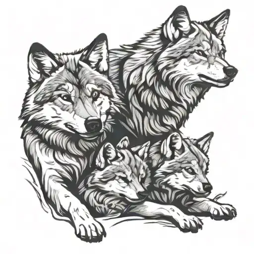 wolf family cubs playing tattoo design idea