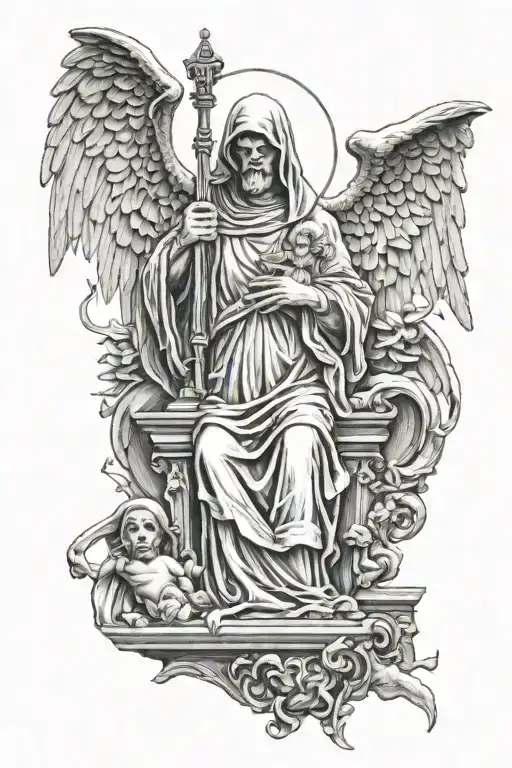 a half sleeve tattoo that consists of the grim reaper, two baby angels and a greek statue of a woman  tattoo design idea