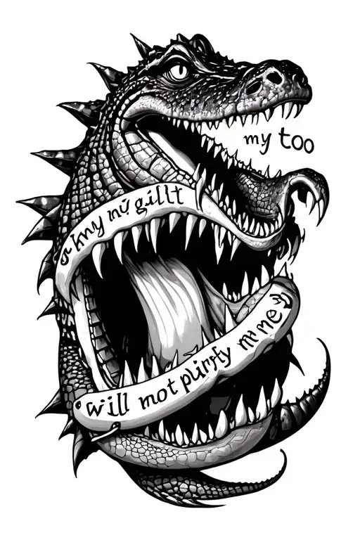 crocodile eating the words "my guilt will not purify me" tattoo design idea