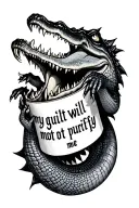 crocodile eating the words "my guilt will not purify me" tattoo design idea