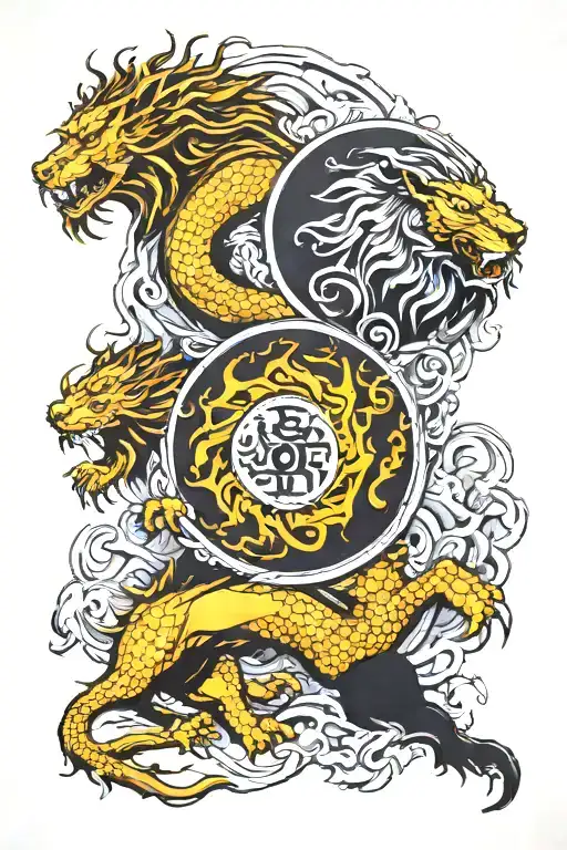 a dragon and a lion in the shape of yin and yang tattoo design idea