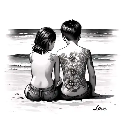 a boy an a smaller girl sitting together at the beach representing the client's love tattoo design idea
