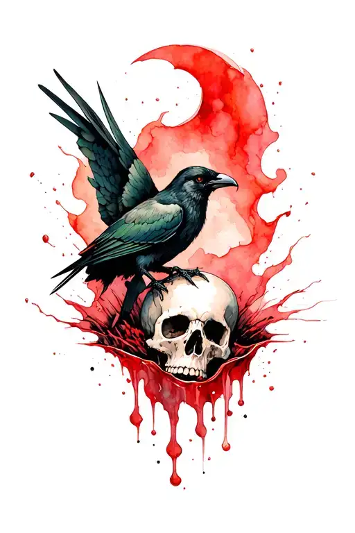 demonic black bird sitting atop a desecrated skull that is in a massive pool of acid; reds and greens tattoo design idea