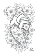 abstract design human heart, poppies, anemones, mushrooms, music, love and the letters J and C tattoo design idea
