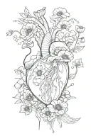 abstract design human heart, poppies, anemones, mushrooms, music, love and the letters J and C tattoo design idea