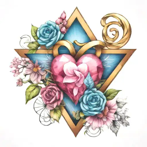 colorful heart, infinity sign, triangle,  blooming banner tattoo design idea