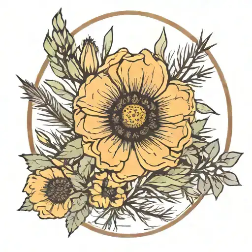 a marigold or poppy flower in a desert with guaro and a yucca shrub in an oval border tattoo design idea
