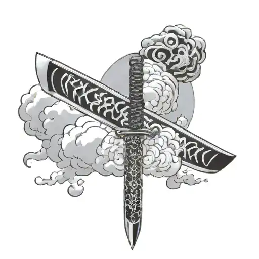 katana and Japanese cloud patterned tattoo design idea
