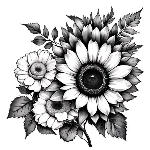   sunflower, black-eyed Susan, a daisy, Foxglove, a rose, chrysanthemum, peony, and woodland s tattoo design idea