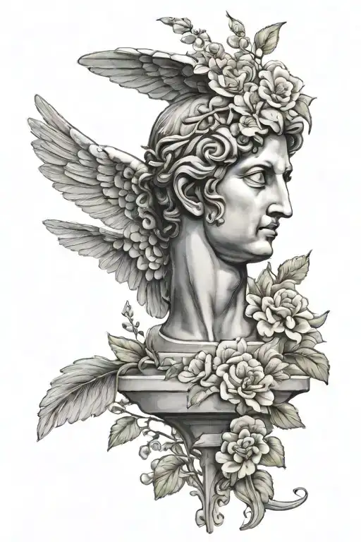 Greek statue with one wing and vines and flowers  tattoo design idea