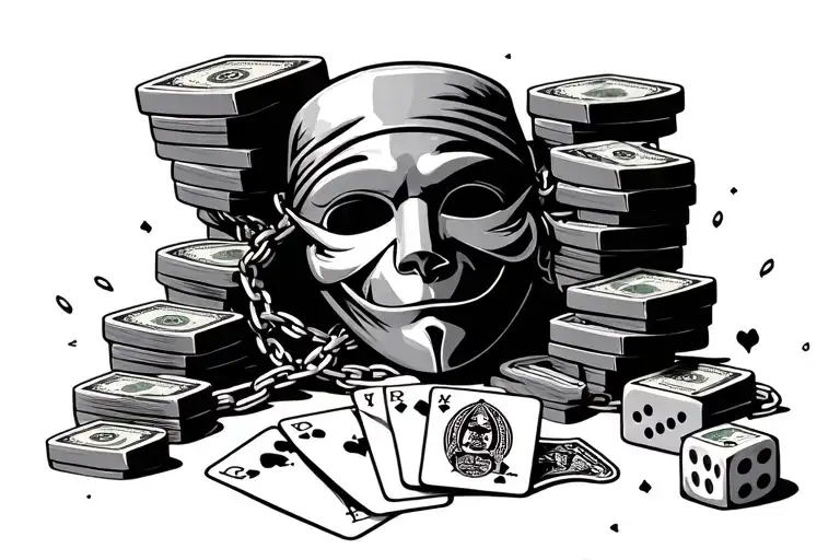 dice rolling, money stacks,cards ,mask with banda broken chains tattoo design idea