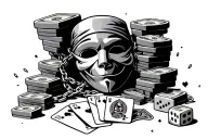 dice rolling, money stacks,cards ,mask with banda broken chains tattoo design idea