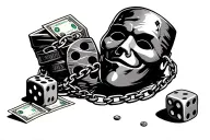 dice rolling, money stacks,cards ,mask with banda broken chains tattoo design idea