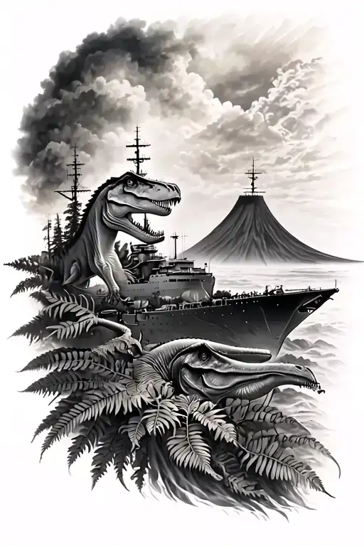 greyscale sleeve tattoo with dinosaurs, forests and ferns, dimensions, a Navy destroyer in the background, a volcano tattoo design idea
