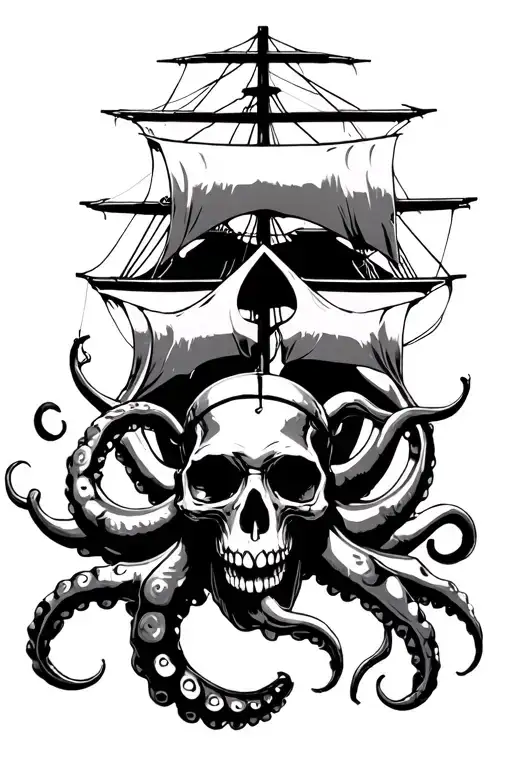 ship skull kraken tattoo design idea