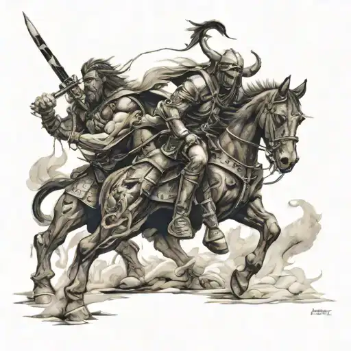 lone warrior battling demons tattoo design idea