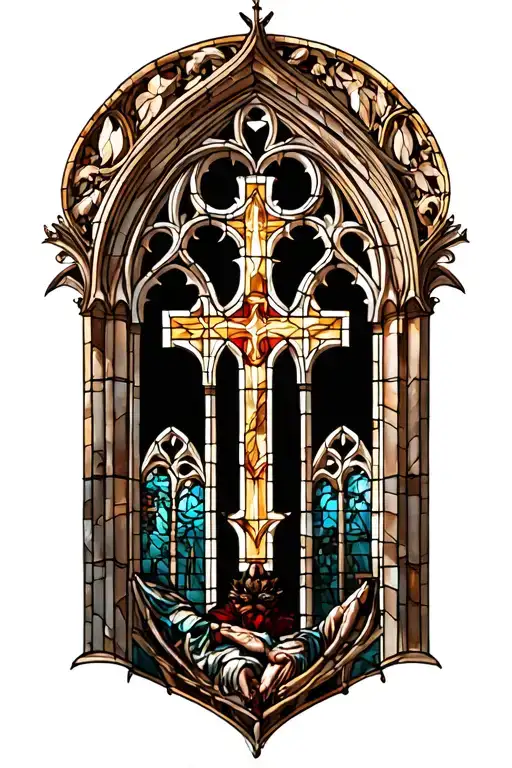 gothic cathedral stained glass window with Christian themes tattoo design idea