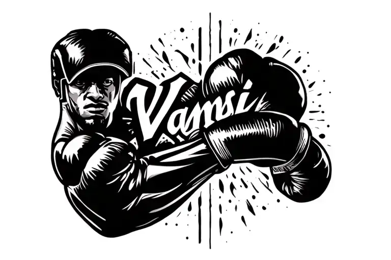 "Design a bold and artistic forearm tattoo that features the name Vamsi integrated with boxing elements. The name should tattoo design idea