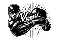 "Design a bold and artistic forearm tattoo that features the name Vamsi integrated with boxing elements. The name should tattoo design idea