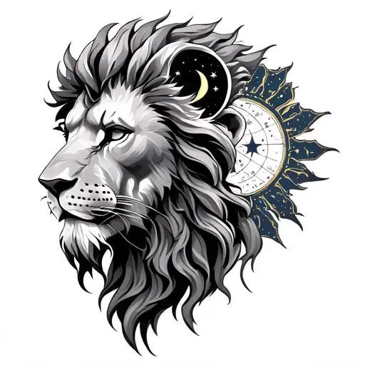 greek mythology guy wearing lion head with sun and moon and star map tattoo design idea