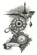 An eye, a clock and inscription, in front of a graveyard, a price broken of from the compass. Maybe some stairs leading  tattoo design idea