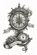 An eye, a clock and inscription, in front of a graveyard, a price broken of from the compass. Maybe some stairs leading  tattoo design idea