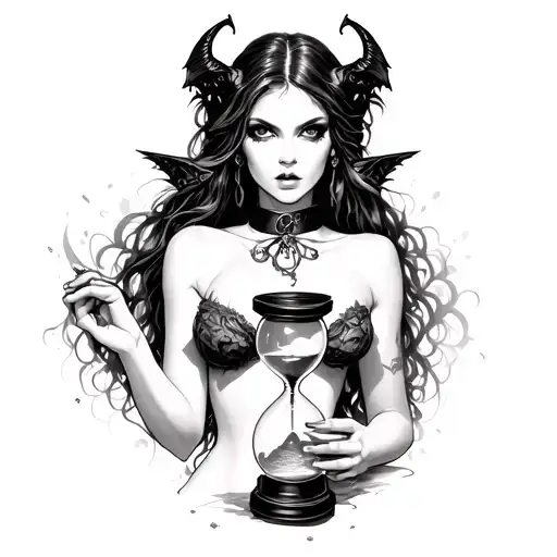 Sexy succubus girl with slave collar, holding a hourglass, the hourglass is broken and sand/time is escaping from the bo tattoo design idea