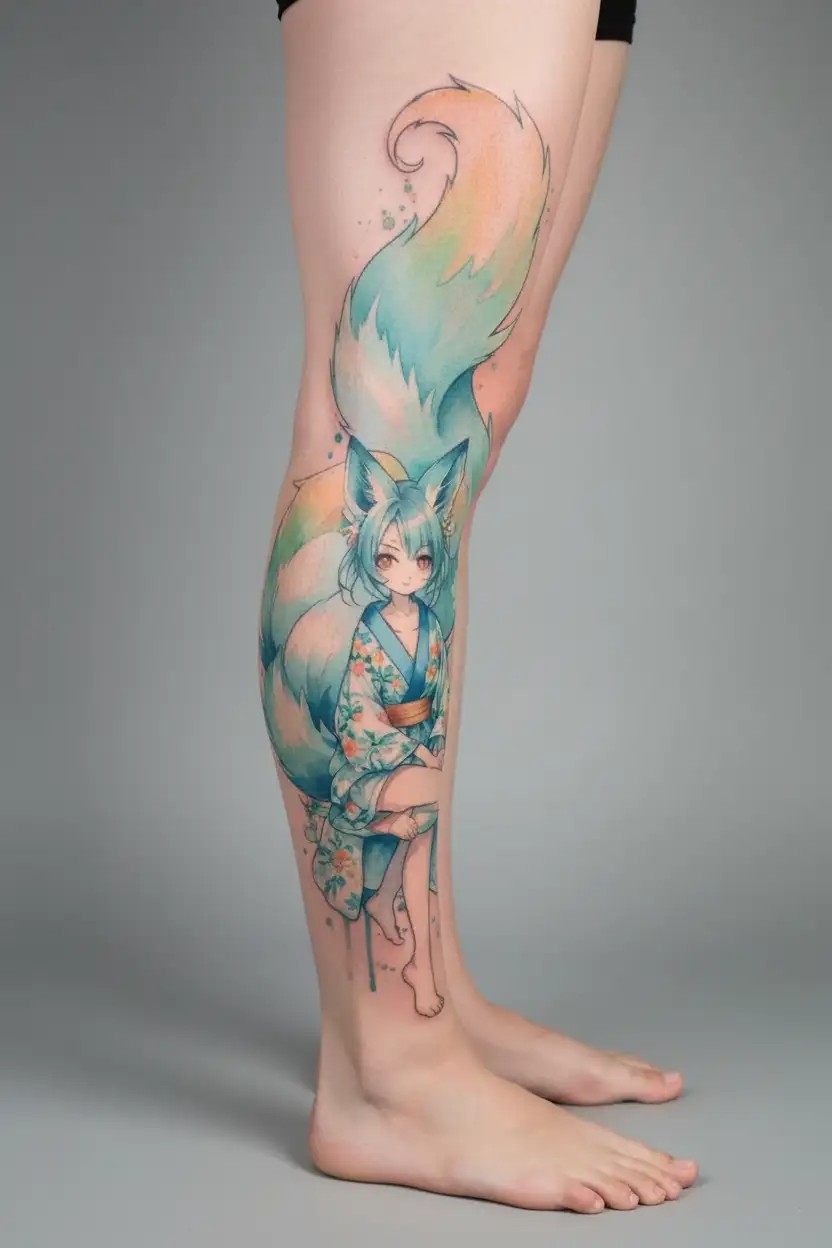 Sexy Girl, big boobs, revealing kimono, big fluffy fox tail from butt, fox ears, petite, sexual Facial expression. tattoo design idea
