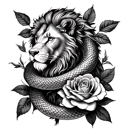 Lev Taurus Pisces Libra lion Cancer Leo snake and roses tattoo design idea