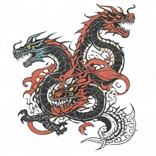 Dragons in black and red, with a subtle symbol of luffy in gear 5 tattoo design idea