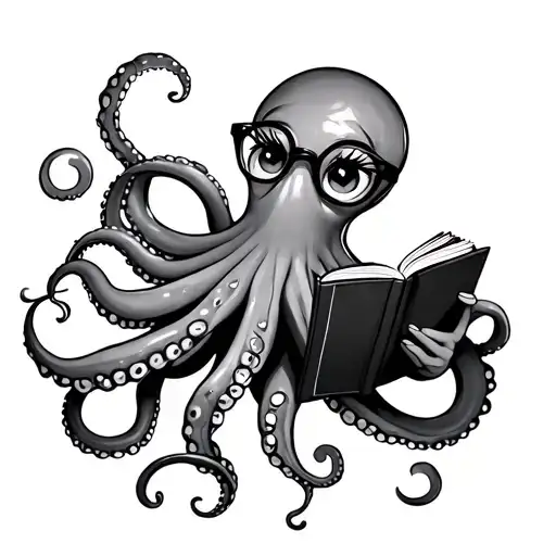 beautiful octopus with eyelashes, wearing glasses, with a book with holding with her tentacles and holding a cof tattoo design idea