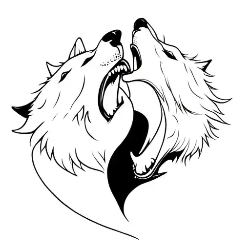 two wolf heads fighting with mouths open one light and one dark, like ying and yang.  tattoo design idea