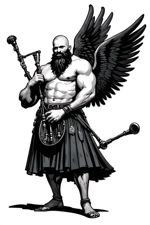 shirtless muscular bagpiper bald black beard with huge black wings playing bagpipes in arm tattoo design idea