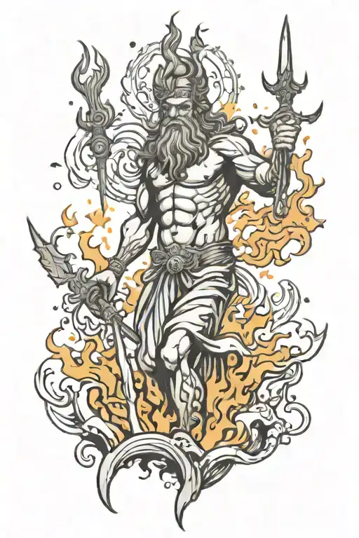 poseidon god with embers left from earlier fires tattoo design idea