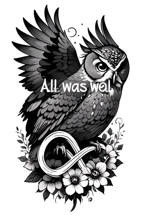 "All was well" flying owl over an infinity symbol with flowers intertwined tattoo design idea