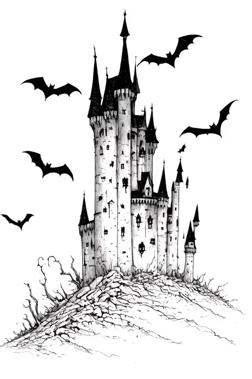 haunted castle, highest tower on the right, with bats  , bottom lines fading out interrupted, ruin, Tim burton style,  tattoo design idea