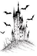 haunted castle, highest tower on the right, with bats  , bottom lines fading out interrupted, ruin, Tim burton style,  tattoo design idea