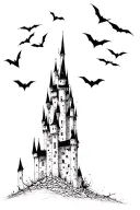 haunted castle, highest tower on the right, with bats  , bottom lines fading out interrupted, ruin, Tim burton style,  tattoo design idea