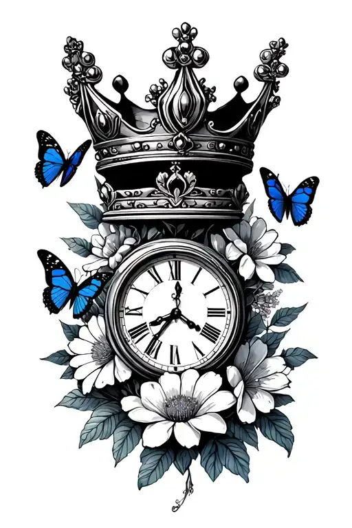 crown surrounded by bold flowers with a clock set to 11:11 and 3 butterflies tattoo design idea