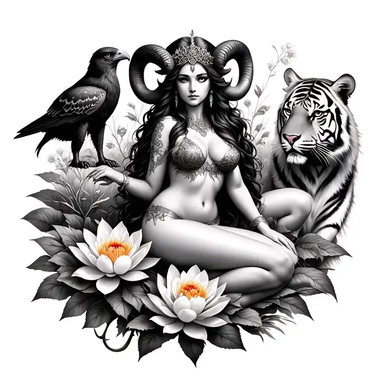 sexy aries goddess surrounded by lotus and peony flowers growing with a hawk and a tiger in a garden landscape with mars tattoo design idea