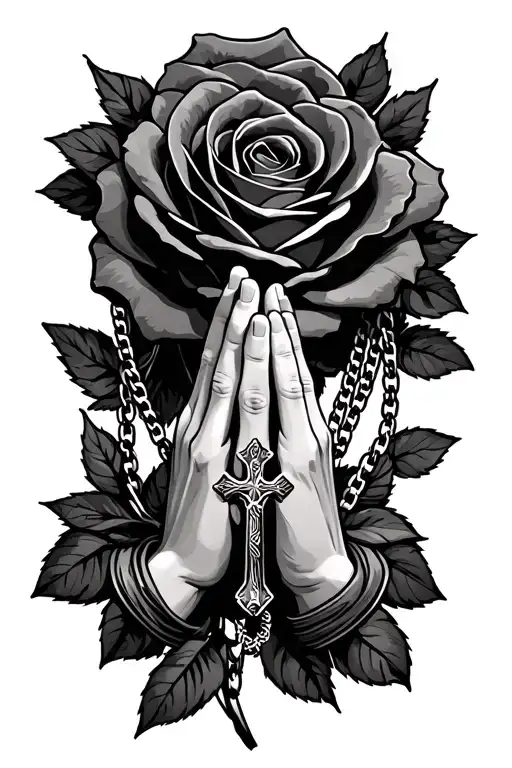 Praying hands with cross chain necklace and a rose tattoo design idea