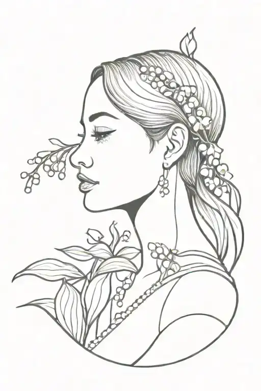 lily of the valley flowers and profile traditional lady head tattoo design idea