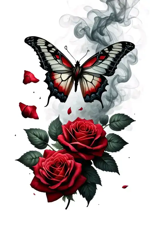 butterfly, two thorny roses surrounding, falling rose pedals fading into smoke, roses wrapped in barbed wire tattoo design idea
