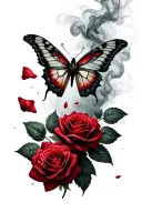 butterfly, two thorny roses surrounding, falling rose pedals fading into smoke, roses wrapped in barbed wire tattoo design idea