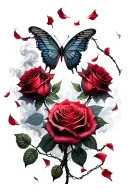 butterfly, two thorny roses surrounding, falling rose pedals fading into smoke, roses wrapped in barbed wire tattoo design idea