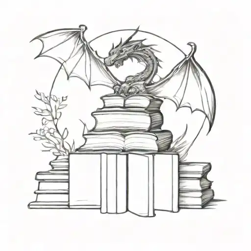 fine line book stack with dragon flying tattoo design idea