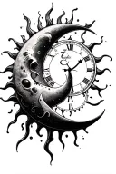 sun and moon overlapping a clock melting tattoo design idea