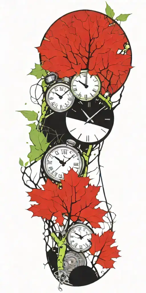 birch tree branches and green leaves with three clocks integrated into it for an arm sleeve tattoo design idea