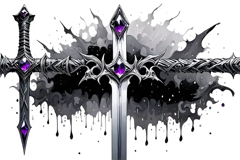 long sword rain-quart with minimal purple gems tattoo design idea